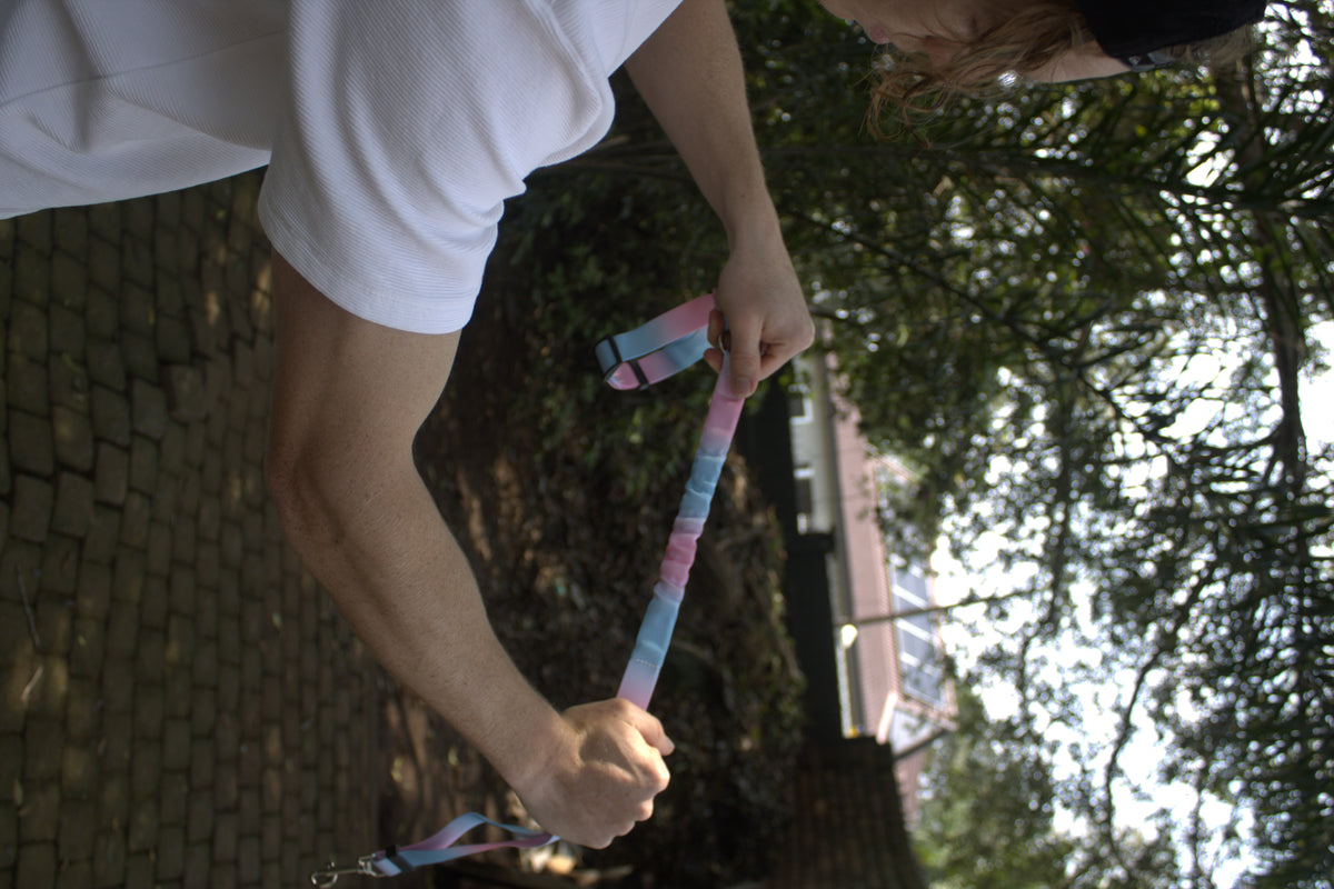 The multi-colour BucklePup bungee section extended between two hands.