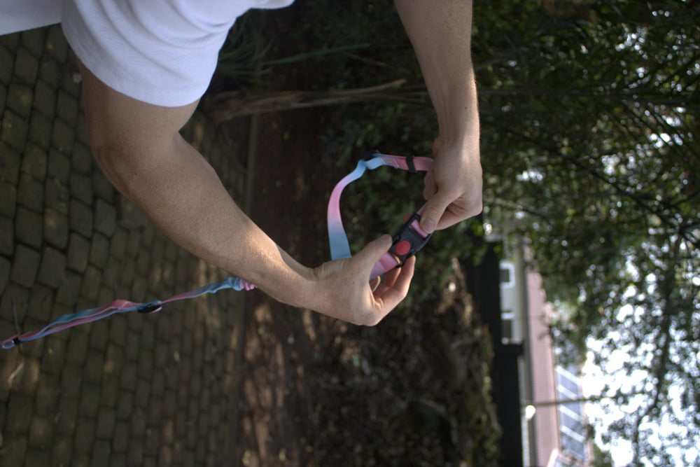Hands holding the connected multi-colour BucklePup buckle.